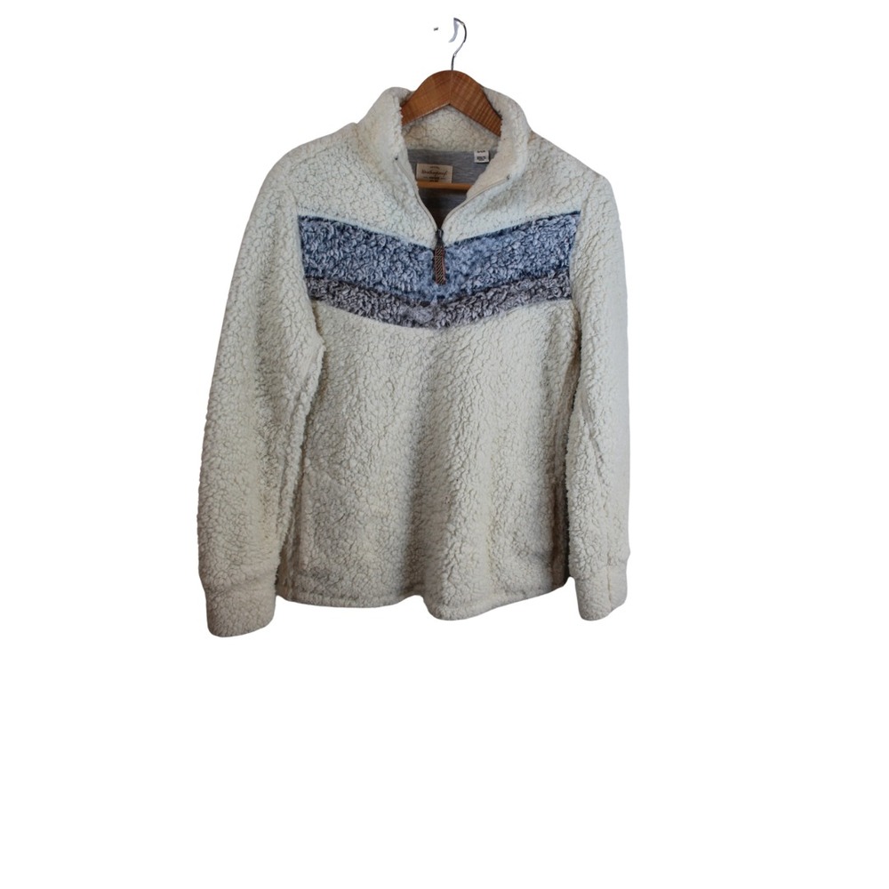 Weatherproof 1/4 Zip  Womens S Cozy Pullover Faux Sherpa Cream Blue Gray Chevron